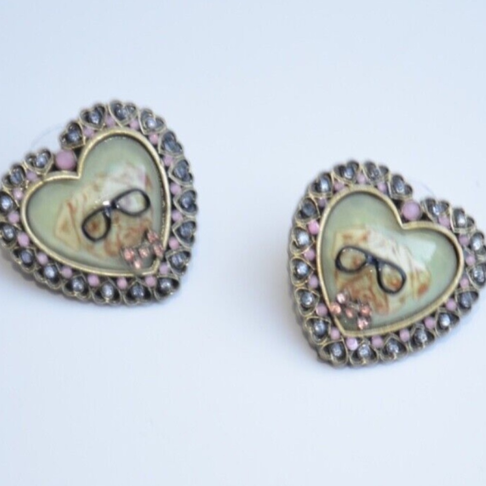 Betsey Johnson Cameo Critters Cartoon Pug Dog Nerd Glasses Lucite Heart Earrings